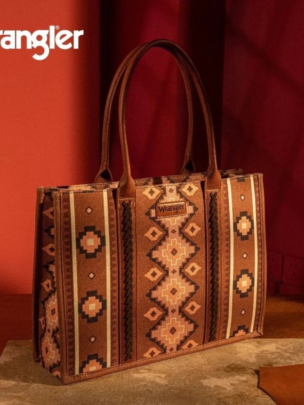 Wrangler Southwestern Pattern Dual Sided Print Canvas Wide Tote Dark Brown